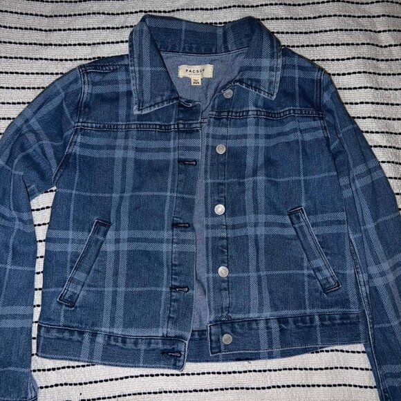 Pac Sun Lightweight Spring Denim Jean Jacket, Plaid, small - Picture 1 of 5